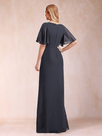 A-Linie/Princess-Linie, U-Ausschnitt, schwarzer Chiffon, Kleider für die Brautmutter mit Applikationen und Rüschen