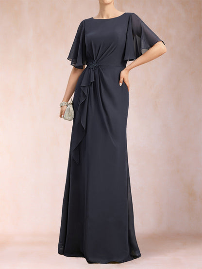 A-Linie/Princess-Linie, U-Ausschnitt, schwarzer Chiffon, Kleider für die Brautmutter mit Applikationen und Rüschen