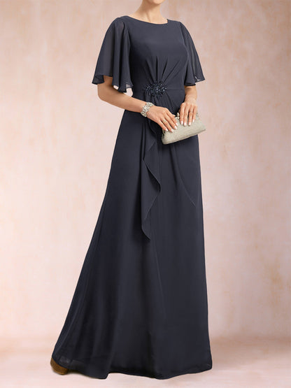 A-Linie/Princess-Linie, U-Ausschnitt, schwarzer Chiffon, Kleider für die Brautmutter mit Applikationen und Rüschen