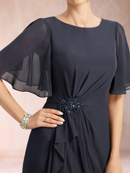A-Linie/Princess-Linie, U-Ausschnitt, schwarzer Chiffon, Kleider für die Brautmutter mit Applikationen und Rüschen