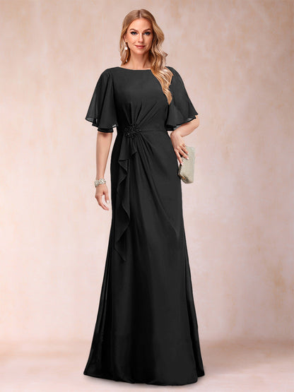 A-Linie/Princess-Linie, U-Ausschnitt, schwarzer Chiffon, Kleider für die Brautmutter mit Applikationen und Rüschen