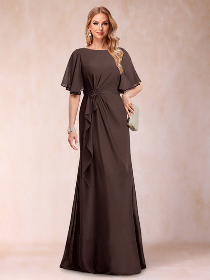 A-Linie/Princess-Linie, U-Ausschnitt, schwarzer Chiffon, Kleider für die Brautmutter mit Applikationen und Rüschen
