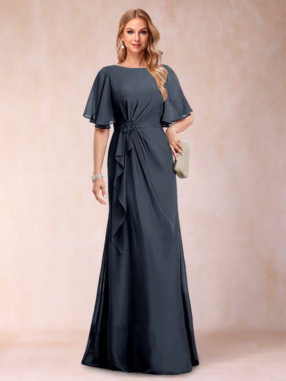 A-Linie/Princess-Linie, U-Ausschnitt, schwarzer Chiffon, Kleider für die Brautmutter mit Applikationen und Rüschen