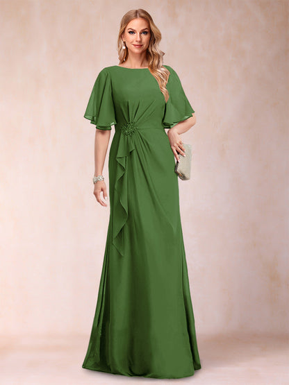 A-Linie/Princess-Linie, U-Ausschnitt, schwarzer Chiffon, Kleider für die Brautmutter mit Applikationen und Rüschen