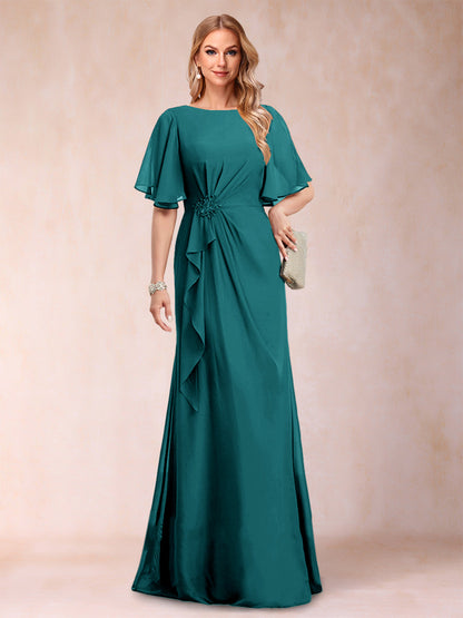 A-Linie/Princess-Linie, U-Ausschnitt, schwarzer Chiffon, Kleider für die Brautmutter mit Applikationen und Rüschen