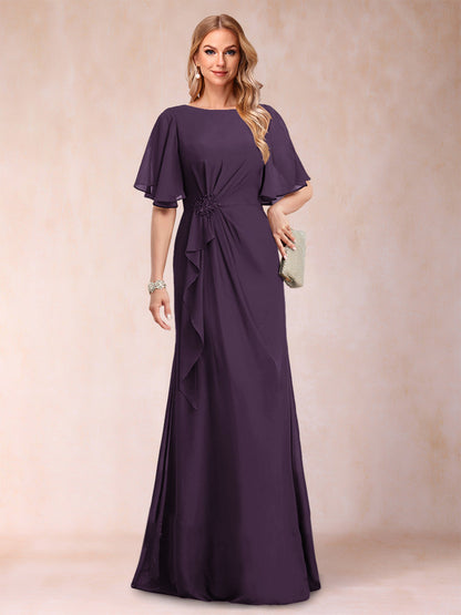 A-Linie/Princess-Linie, U-Ausschnitt, schwarzer Chiffon, Kleider für die Brautmutter mit Applikationen und Rüschen