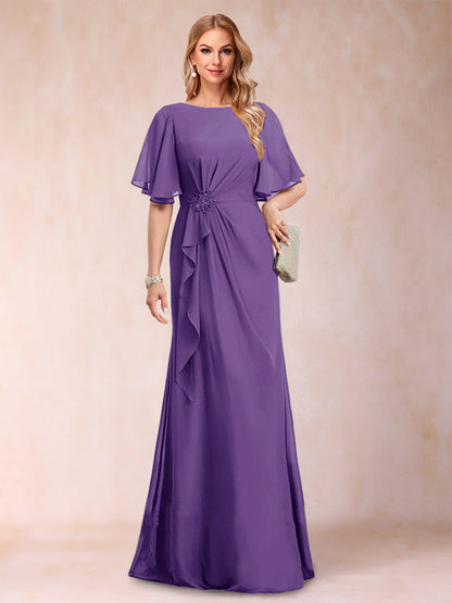 A-Linie/Princess-Linie, U-Ausschnitt, schwarzer Chiffon, Kleider für die Brautmutter mit Applikationen und Rüschen