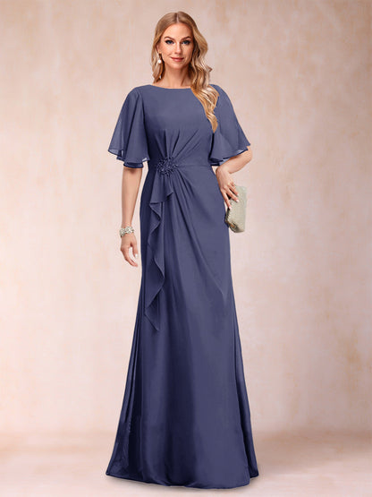 A-Linie/Princess-Linie, U-Ausschnitt, schwarzer Chiffon, Kleider für die Brautmutter mit Applikationen und Rüschen
