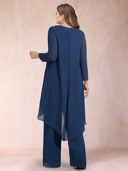 Chiffon-U-Ausschnitt, lange Ärmel, 3-teilig, Hosenanzug in Übergröße mit Strasssteinen und Jacke