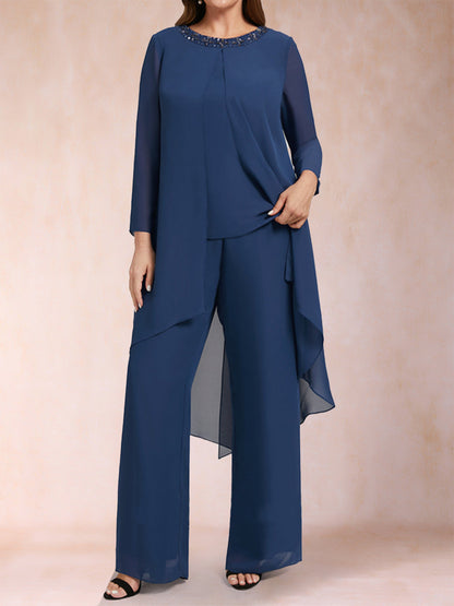 Chiffon-U-Ausschnitt, lange Ärmel, 3-teilig, Hosenanzug in Übergröße mit Strasssteinen und Jacke