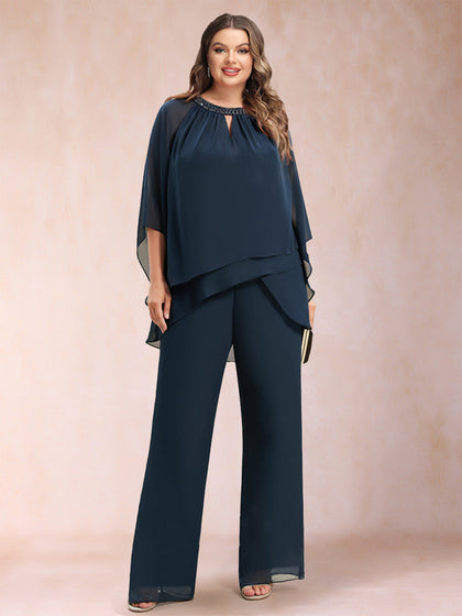 Chiffon-U-Ausschnitt 3/4 Ärmel 2-teilig Übergröße Hosenanzüge mit Strass & Hohlsaum
