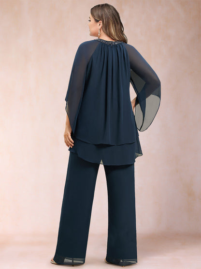 Chiffon-U-Ausschnitt 3/4 Ärmel 2-teilig Übergröße Hosenanzüge mit Strass & Hohlsaum