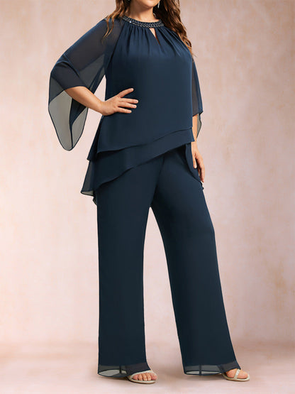 Chiffon-U-Ausschnitt 3/4 Ärmel 2-teilig Übergröße Hosenanzüge mit Strass & Hohlsaum