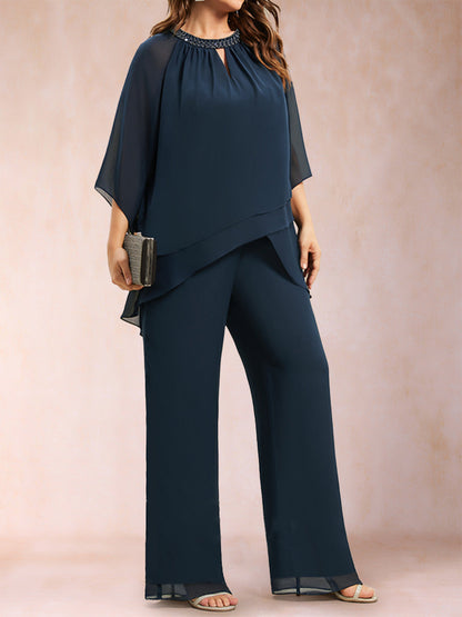 Chiffon-U-Ausschnitt 3/4 Ärmel 2-teilig Übergröße Hosenanzüge mit Strass & Hohlsaum