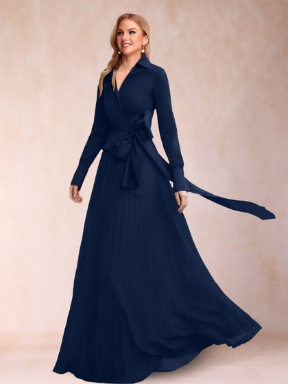 A-Linie/Princess-Linie Chiffon V-Ausschnitt Lange Ärmel 2-teilig Kleider für die Brautmutter mit Gürtel und Rüschen