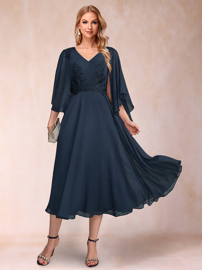 A-Linie/Princess-Linie Chiffon V-Ausschnitt 3/4-Ärmel Kleider für die Brautmutter mit Applikationen