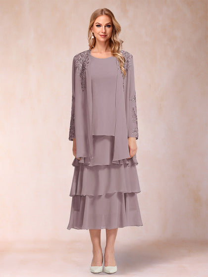 A-Linie/Prinzessin-Linie, U-Ausschnitt, lange Ärmel, gestuftes 2-teiliges Kleid für die Brautmutter mit Applikationen und Jacke