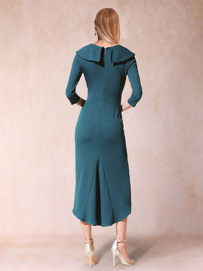 Etui-Linie/Säulenkleid mit V-Ausschnitt und halblangen Ärmeln, Kleider für die Brautmutter mit Rüschen