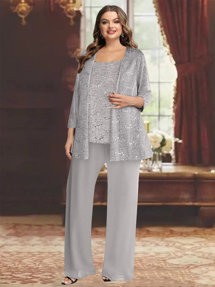 3-teiliger Hosenanzug aus Chiffon mit U-Ausschnitt, 3/4-Ärmeln, Pailletten und Jacke