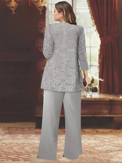3-teiliger Hosenanzug aus Chiffon mit U-Ausschnitt, 3/4-Ärmeln, Pailletten und Jacke