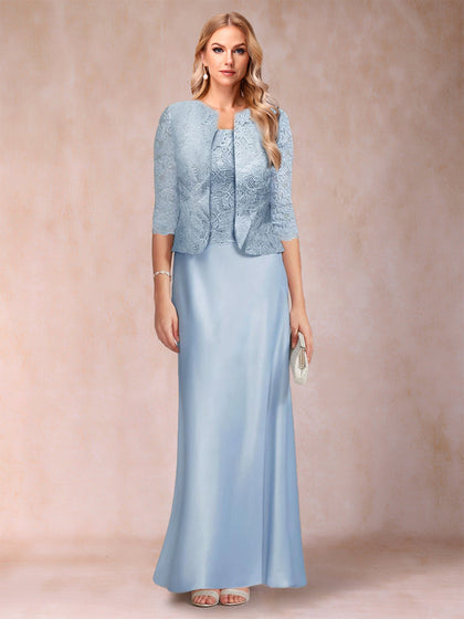 Etui-Linie/Säulenkleid, U-Ausschnitt, Halbarm, 3-teiliges Kleid für die Brautmutter mit Applikation und Jacke