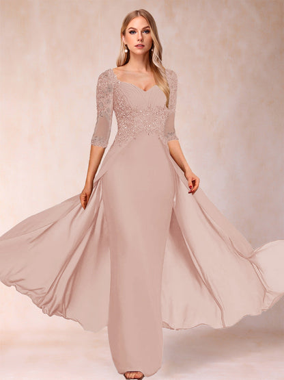 Etui-Linie/Säulenkleid mit V-Ausschnitt und halblangen Ärmeln, Kleider für die Brautmutter mit Applikationen