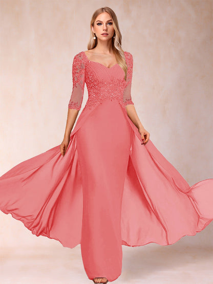 Etui-Linie/Säulenkleid mit V-Ausschnitt und halblangen Ärmeln, Kleider für die Brautmutter mit Applikationen