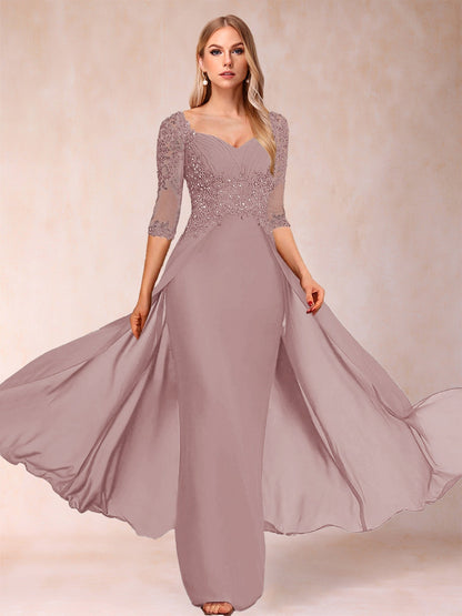 Etui-Linie/Säulenkleid mit V-Ausschnitt und halblangen Ärmeln, Kleider für die Brautmutter mit Applikationen