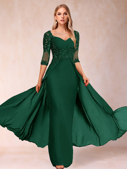 Etui-Linie/Säulenkleid mit V-Ausschnitt und halblangen Ärmeln, Kleider für die Brautmutter mit Applikationen