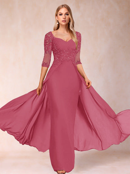 Etui-Linie/Säulenkleid mit V-Ausschnitt und halblangen Ärmeln, Kleider für die Brautmutter mit Applikationen