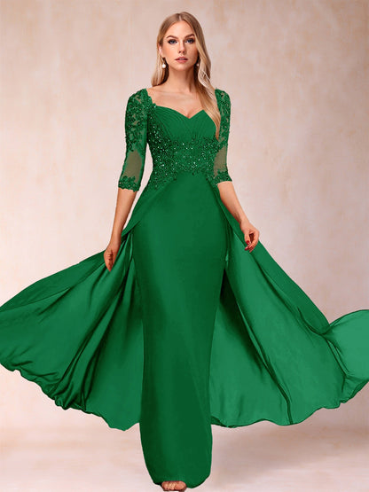 Etui-Linie/Säulenkleid mit V-Ausschnitt und halblangen Ärmeln, Kleider für die Brautmutter mit Applikationen