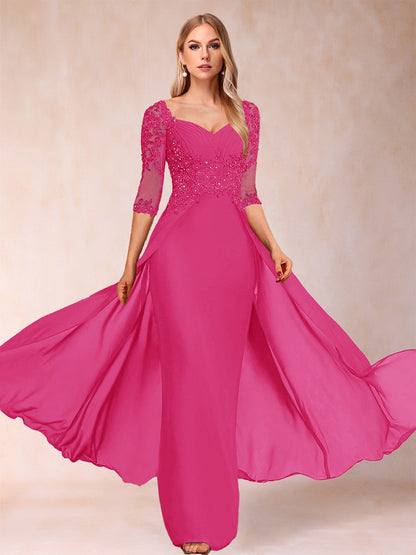 Etui-Linie/Säulenkleid mit V-Ausschnitt und halblangen Ärmeln, Kleider für die Brautmutter mit Applikationen