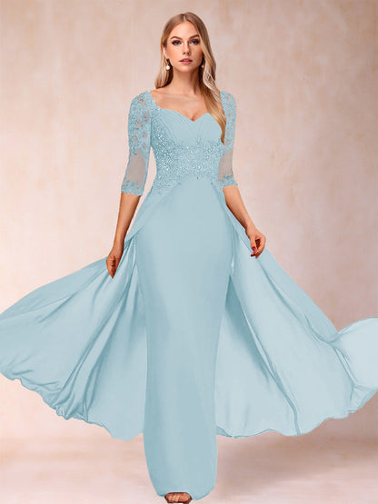 Etui-Linie/Säulenkleid mit V-Ausschnitt und halblangen Ärmeln, Kleider für die Brautmutter mit Applikationen