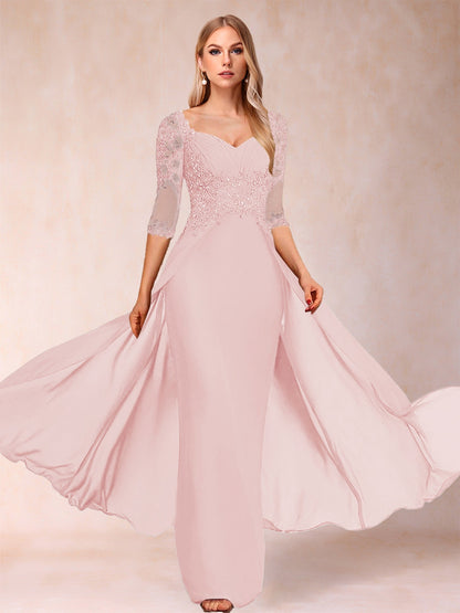 Etui-Linie/Säulenkleid mit V-Ausschnitt und halblangen Ärmeln, Kleider für die Brautmutter mit Applikationen