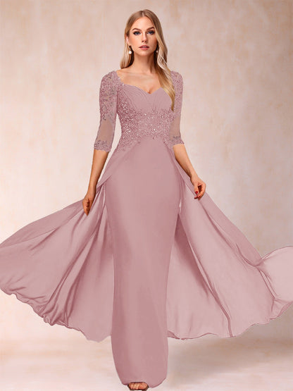 Etui-Linie/Säulenkleid mit V-Ausschnitt und halblangen Ärmeln, Kleider für die Brautmutter mit Applikationen