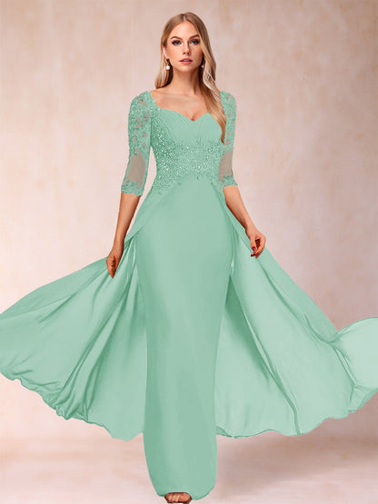 Etui-Linie/Säulenkleid mit V-Ausschnitt und halblangen Ärmeln, Kleider für die Brautmutter mit Applikationen