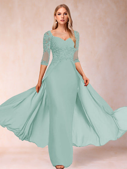 Etui-Linie/Säulenkleid mit V-Ausschnitt und halblangen Ärmeln, Kleider für die Brautmutter mit Applikationen