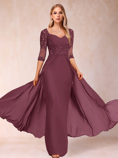 Etui-Linie/Säulenkleid mit V-Ausschnitt und halblangen Ärmeln, Kleider für die Brautmutter mit Applikationen