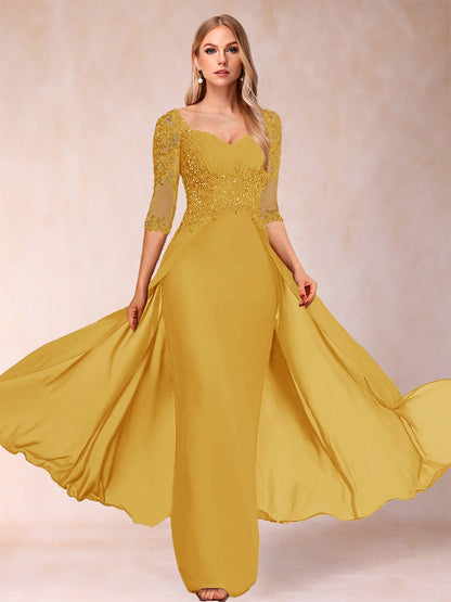 Etui-Linie/Säulenkleid mit V-Ausschnitt und halblangen Ärmeln, Kleider für die Brautmutter mit Applikationen