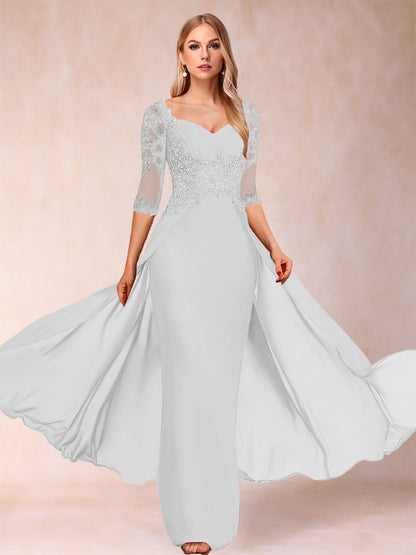 Etui-Linie/Säulenkleid mit V-Ausschnitt und halblangen Ärmeln, Kleider für die Brautmutter mit Applikationen