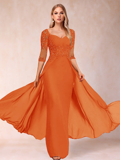 Etui-Linie/Säulenkleid mit V-Ausschnitt und halblangen Ärmeln, Kleider für die Brautmutter mit Applikationen