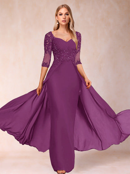 Etui-Linie/Säulenkleid mit V-Ausschnitt und halblangen Ärmeln, Kleider für die Brautmutter mit Applikationen