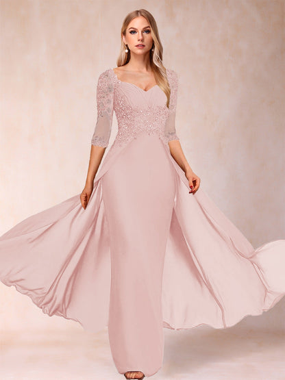 Etui-Linie/Säulenkleid mit V-Ausschnitt und halblangen Ärmeln, Kleider für die Brautmutter mit Applikationen