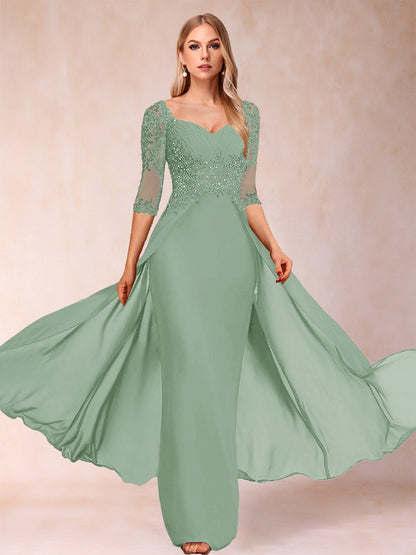 Etui-Linie/Säulenkleid mit V-Ausschnitt und halblangen Ärmeln, Kleider für die Brautmutter mit Applikationen