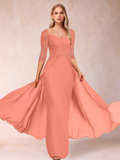 Etui-Linie/Säulenkleid mit V-Ausschnitt und halblangen Ärmeln, Kleider für die Brautmutter mit Applikationen