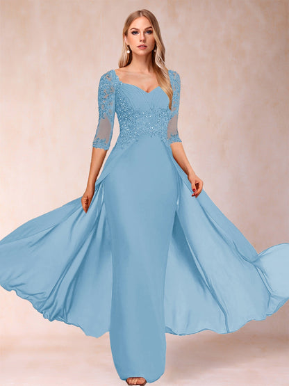 Etui-Linie/Säulenkleid mit V-Ausschnitt und halblangen Ärmeln, Kleider für die Brautmutter mit Applikationen