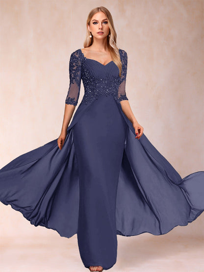 Etui-Linie/Säulenkleid mit V-Ausschnitt und halblangen Ärmeln, Kleider für die Brautmutter mit Applikationen