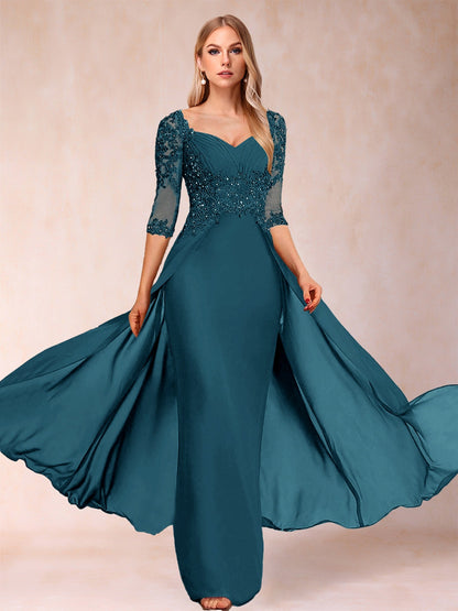 Etui-Linie/Säulenkleid mit V-Ausschnitt und halblangen Ärmeln, Kleider für die Brautmutter mit Applikationen