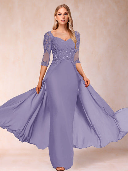 Etui-Linie/Säulenkleid mit V-Ausschnitt und halblangen Ärmeln, Kleider für die Brautmutter mit Applikationen