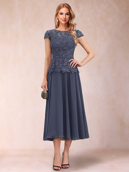 A-Linie/Princess-Linie Chiffon U-Ausschnitt Kurze Ärmel Kleider für die Brautmutter mit Applikationen